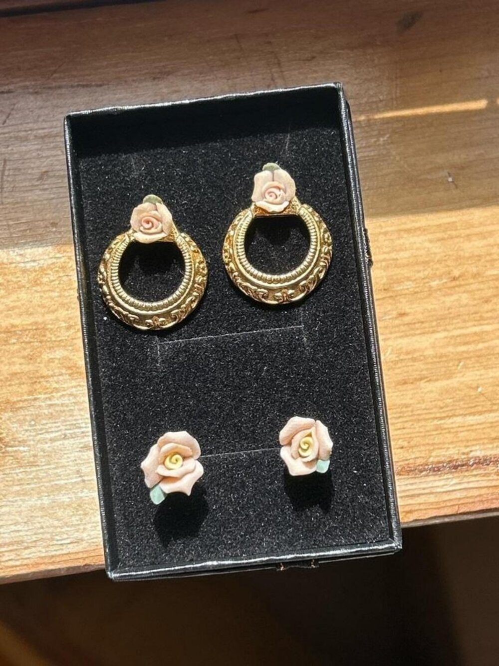Rose flower gold tone earrings and studs. Costume jewelry. 2 pc